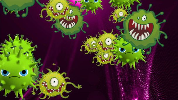 Εικονογράφηση του coronavirus, covid-19 κύτταρα, βακτήρια, βακτήριο επιπλέουν σε έγχρωμο φόντο. Μικροκυτταρικά μοντέλα ιών ιών. - Φωτογραφία, εικόνα