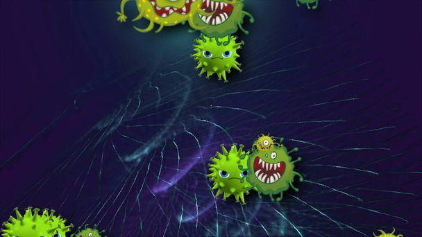 Illustration von Coronavirus, Covid-19-Zellen, Bakterien, Bakterien, die auf farbigem Hintergrund schweben. Mikrozellmodelle für Viren. - Foto, Bild