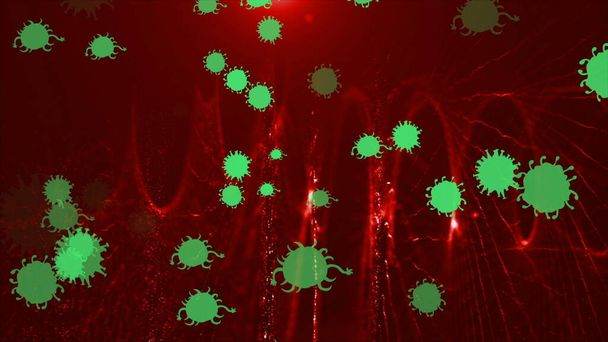 Ilustración de coronavirus, células covid-19, bacterias, bacterias flotando sobre fondo de color. Modelos de microcélulas virales
. - Foto, imagen