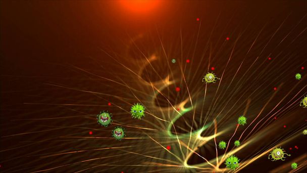 Kuva koronavirus, covid-19 soluja, bakteerit, bakteeri kelluva värillinen tausta. Viruksen mikrosolumallit
. - Valokuva, kuva