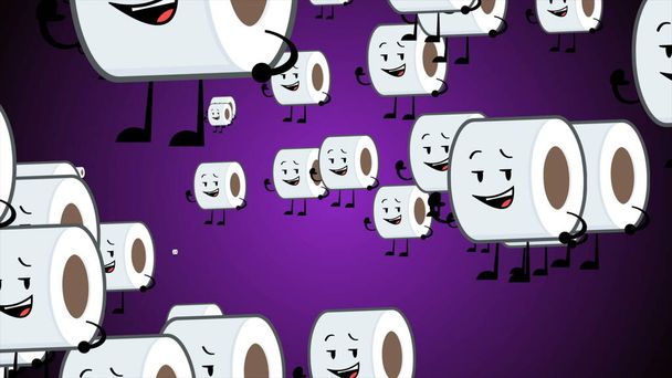 Tuvalet kağıdı mutlu Emoji parçacıkları akış çizelgesi arka plan animasyonu. Tuvalet kağıdı emojisi gülümser, karakterler. Coronavirüs salgını sırasında ve panikleyen insanlar tuvalet kağıdı satın alır.. - Fotoğraf, Görsel