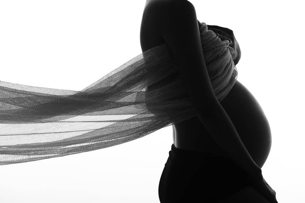 Silhouet Portret van zwangere vrouw houden boeket bloem en stof fladderen in Air zwaaien mode-stijl, Studio verlichting witte achtergrond, lage blootstelling - Foto, afbeelding