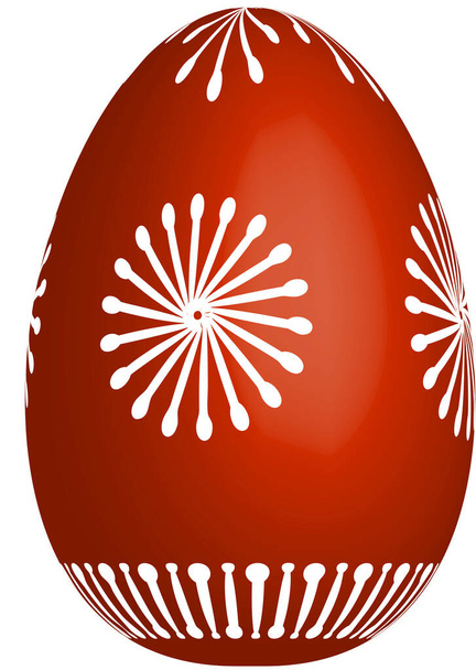 Easter egg, red color, shading, drawn white wax ornaments. Isolated object on white background.red spring easter painted egg with white ornaments. - Photo, Image