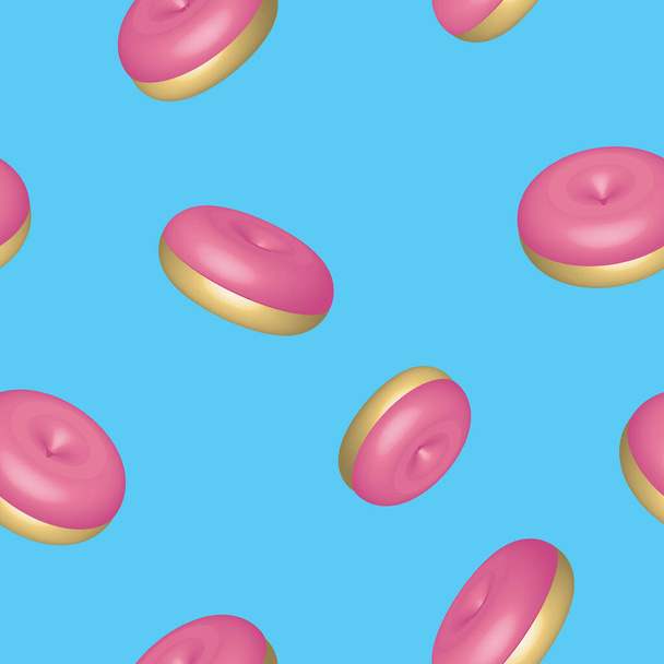Realistic 3D donut. Pink donut seamless pattern on blue background. - Vektor, kép