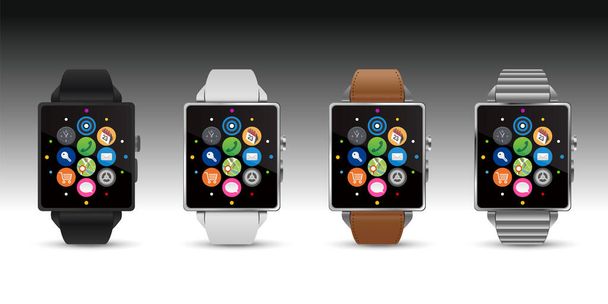 4 Farben Smartwatchs, schwarz weißes Leder silber, Vektor Illustration Bild. - Vektor, Bild