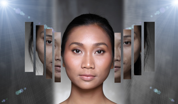 化粧品の髪のスタイルを構成する適用後のアジアの女性。にきび、ウォート、目の下の袋と新鮮な顔、ラフ、素敵な滑らかな肌、朝の顔から美しいプラスチック外科への比較 - 写真・画像