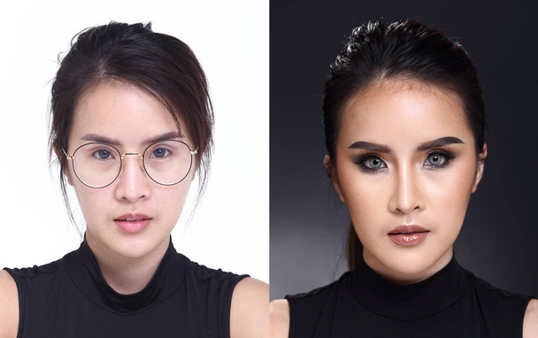Asian Woman before after applying make up hair style. no retouch, fresh face with nice and smooth skin. Studio lighting white black background - Photo, Image
