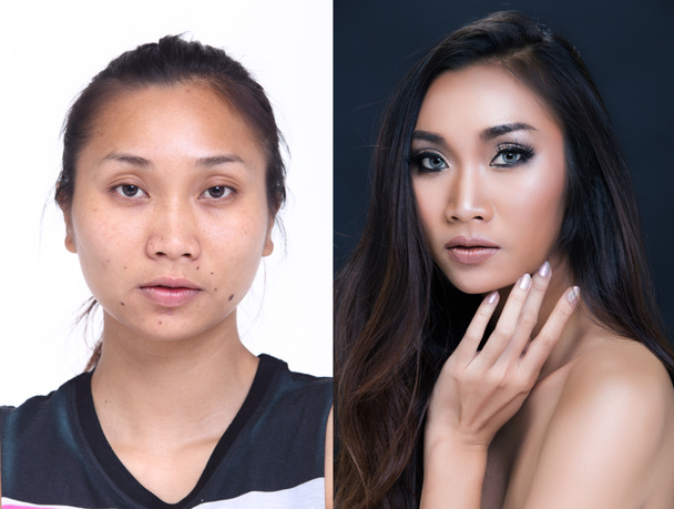 Femme asiatique avant après l'application maquillage coiffure. retouche, visage frais avec une peau agréable et lisse. Studio éclairage blanc fond noir
 - Photo, image