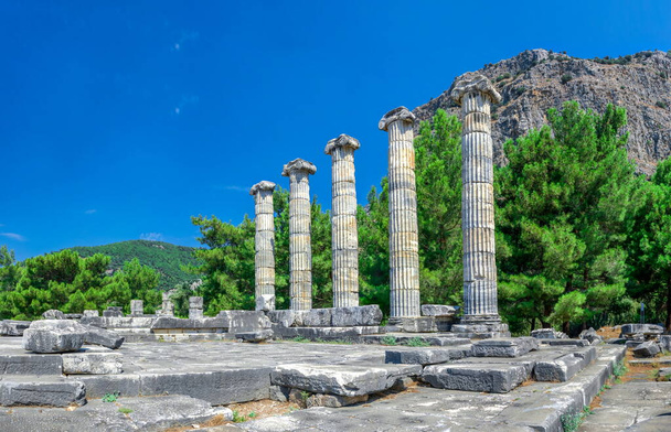 Ruïnes van de Tempel van Athena Polias in de oude stad Priene, Turkije, op een zonnige zomerdag. Grote panoramische opname. - Foto, afbeelding