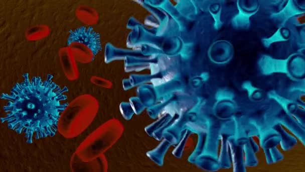 Rövid 3D animáció teljes HD-ben mikroszkopikus nézetben, amely néhány corona vírust mutat néhány vérsejt között - Felvétel, videó