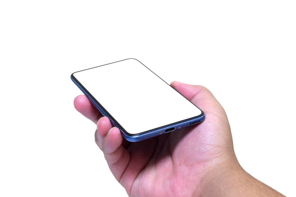 Μεμονωμένο μπλε smartphone στο χέρι λευκό φόντο με clipping διαδρομή - Φωτογραφία, εικόνα