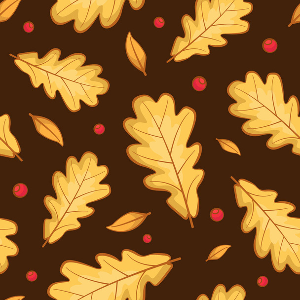  Vector seamless pattern with autumn oak leaves and red berries on dark brown background. Nature design for fabric, wallpaper, textile, web design. - Vektor, Bild