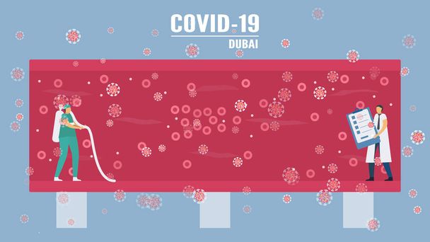 Coronavirus o COVID-19 en Dubai country. Esta enfermedad es nueva. Y destruye los pulmones. Pruebas diagnósticas. Los síntomas son tos, temperatura alta y dificultad para respirar. Prohibición de vuelo
. - Vector, Imagen