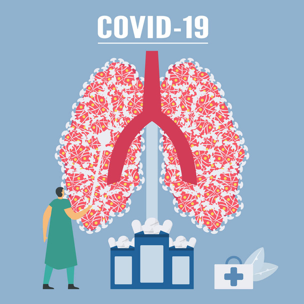 Coronavirus vagy COVID-19. Ez a betegség új betegség. És tönkreteszi a tüdőt. Diagnosztikai vizsgálat. A tünetek a köhögés, a magas hőmérséklet és a légszomj.. - Vektor, kép