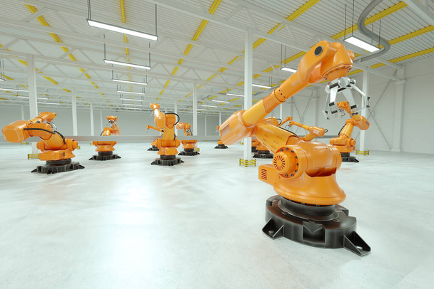 Автоматическая линия сборки. Оранжевый манипулятор рукой робота с пустой лентой транспортера. Технологическая концепция, будущее. 3D рендеринг, 3D иллюстрация, пространство для копирования
 - Фото, изображение