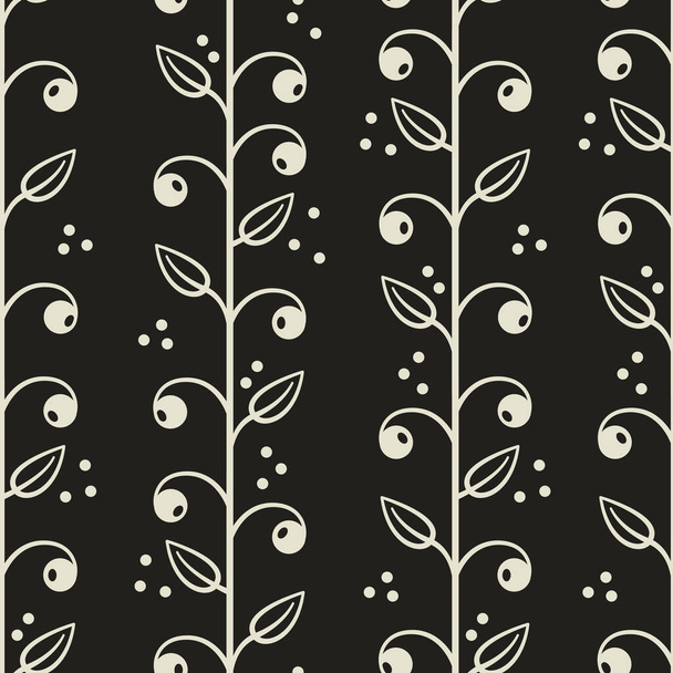 Floral seamless pattern with vertical branches, leaves and berries on black background. Simple abstract floral design for fabric, wallpaper, textile, web design. - Vettoriali, immagini