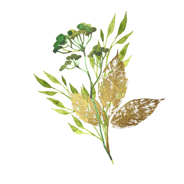 Frühling florales Design mit Blattgold. Handgezeichneter Aquarellstil. Isoliert auf weißem Hintergrund. - Foto, Bild