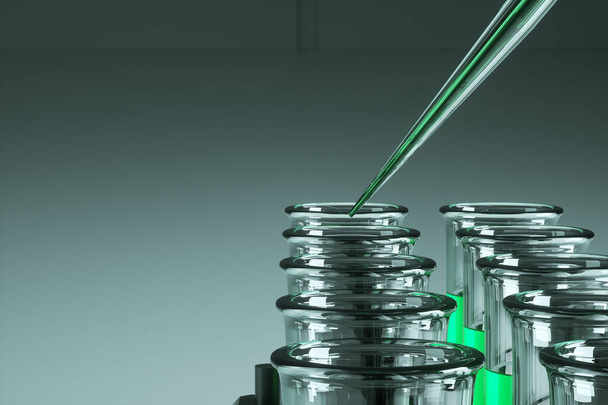 Pipetta aggiungere liquido a una provetta con liquido verde. Il concetto di vaccino, tecnologia, medicina, ricerca. Rendering 3D, illustrazione 3D, spazio di copia
 - Foto, immagini