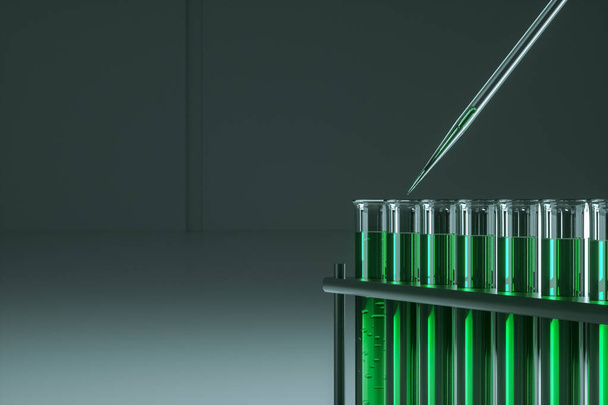 Pipette ajouter du liquide dans un tube à essai avec du liquide vert. Le concept de vaccin, technologie, médecine, recherche. rendu 3D, illustration 3D, espace de copie
 - Photo, image