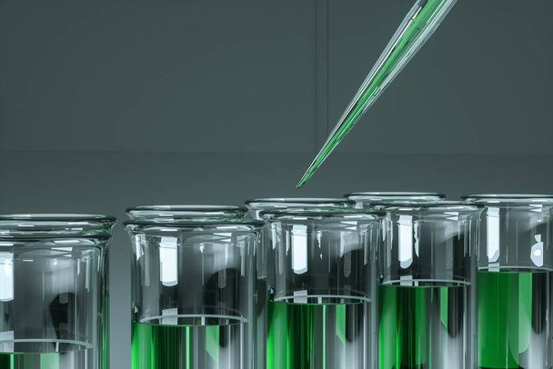 Pipette add liquid to a test tube with green liquid. The concept of vaccine, technology, medicine, research. 3D rendering, 3D illustration, copy space - Foto, Imagen