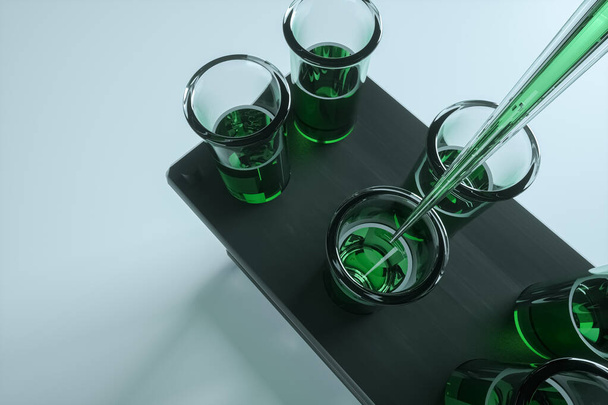 Pipette add liquid to a test tube with green liquid. The concept of vaccine, technology, medicine, research. 3D rendering, 3D illustration, copy space - 写真・画像