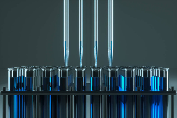 Scientific laboratory test tubes with blue liquid and laboratory test pipettes. The concept of vaccine, technology, medicine. 3D rendering, 3D illustration, copy space - 写真・画像