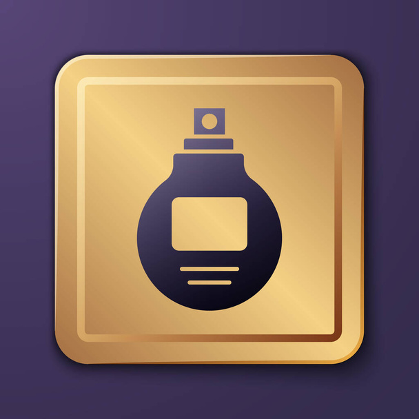 Mor arkaplanda izole edilmiş mor parfüm ikonu. Altın kare düğme. Vektör İllüstrasyonu - Vektör, Görsel