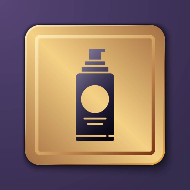 Lila Spraydose für Haarspray, Deo, Schweißschutzsymbol isoliert auf lila Hintergrund. Goldener quadratischer Knopf. Vektorillustration - Vektor, Bild