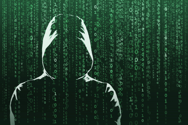 Anonimowe haker, nad streszczenie tło cyfrowy. Zasłonięte ciemny twarz w maskę i kaptur. Złodziej danych, internet ataku, oszustwa darknet, groźnymi wirusami i koncepcji bezpieczeństwa cybernetycznego. - Zdjęcie, obraz
