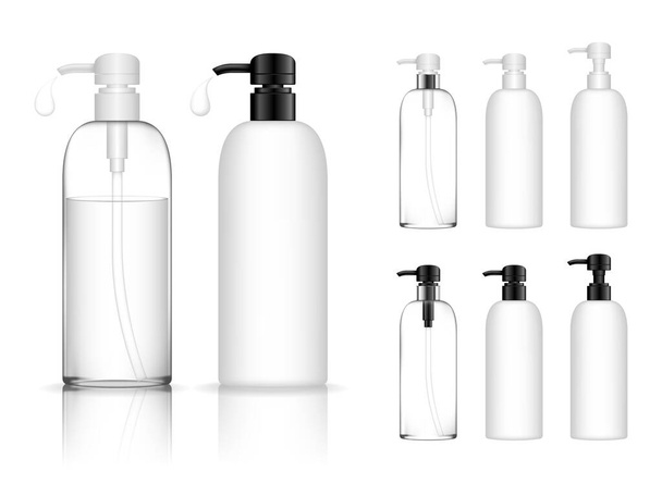 Cosmetic transparent plastic bottle with dispenser pump. Liquid container for gel, lotion, cream, shampoo, bath foam. Beauty product package. Vector illustration. - Vecteur, image
