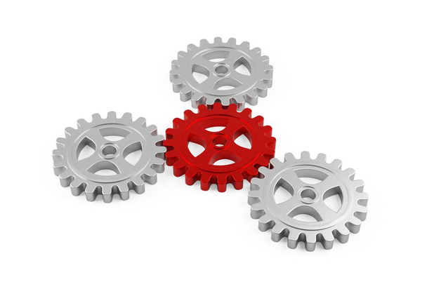 Tres engranajes de rueda dentada metálicos unidos a una rueda roja central sobre fondo blanco, ilustración 3D, trabajo en equipo, conexión o concepto abstracto de comunión
 - Foto, imagen