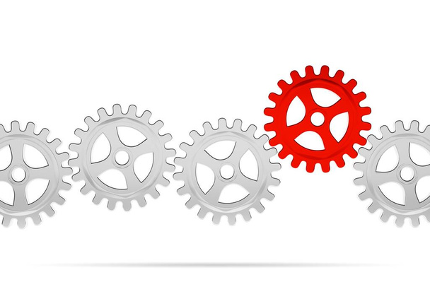 Row of metal cogwheel gears with a central red wheel over white background, 3D illustration, teamwork, connection or communiaction abstract concept - Foto, imagen