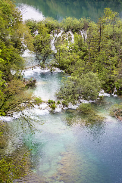 Printemps frais. Vue sur les lacs de Plitvice (Croatie). En 1979, le parc national des lacs de Plitvice a été déclaré patrimoine naturel mondial de l'UNESCO. Le paysage ressemble à un paradis vert
. - Photo, image