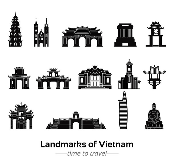 набор знаменитых памятников вьетнамского силуэта с черно-белым классическим цветовым оформлением, векторная иллюстрация
 - Вектор,изображение
