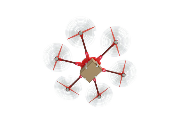 White flying drone with a cardboard box isolated on a white background. drone for delivery. The concept of fast delivery, technology. 3D rendering, 3D illustration, copy space - Valokuva, kuva