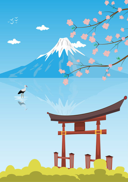 Japan-Tore und Fujiyama-Berg mit Sakura-Blume, Reisepostkarte, Tourwerbung für Japan. Vektorillustration. - Vektor, Bild