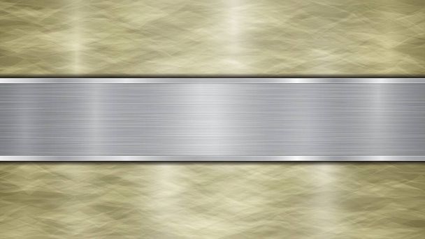 Fundo composto por uma superfície metálica dourada brilhante e uma placa de prata polida horizontal localizada centralmente, com uma textura metálica, clarões e bordas polidas
 - Vetor, Imagem