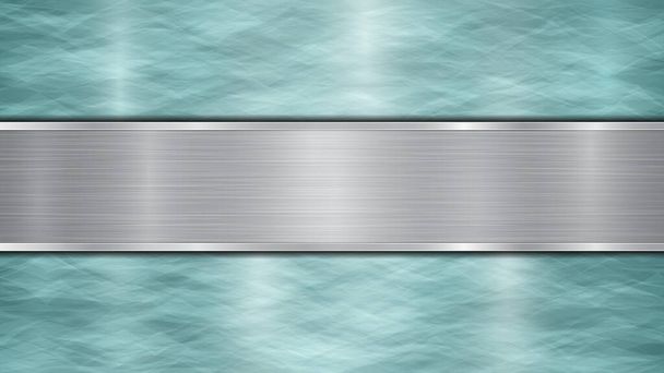Achtergrond bestaande uit een lichtblauw glanzend metallic oppervlak en een horizontale gepolijste zilveren plaat centraal gelegen, met een metalen textuur, glaren en gepolijste randen - Vector, afbeelding