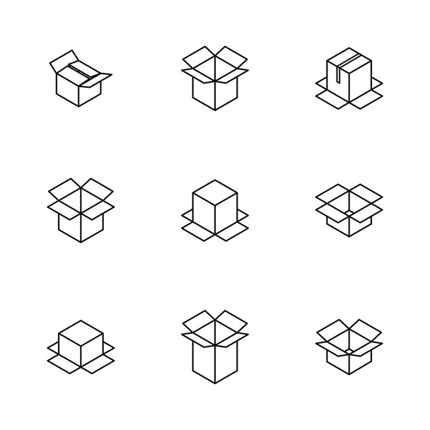 Ensemble de différentes boîtes en carton à partir de fines lignes isolées sur fond blanc. Éléments de conception d'emballage. Style isométrique 3D plat, illustration vectorielle. - Vecteur, image
