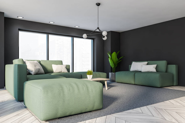 Corner of panoramic living room with grey walls, wooden floor, two comfortable green sofas near coffee table and window with blurry cityscape. 3d rendering - Foto, Imagem
