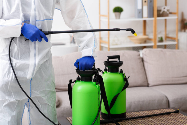 Unrecognizable person disinfecting home sofa with cleaning spray - 写真・画像