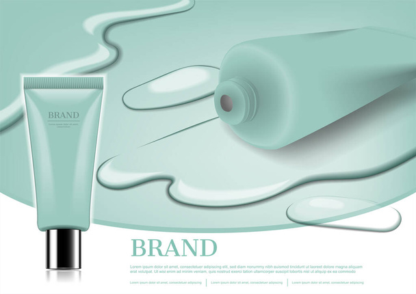 Espuma facial aberta com espuma líquida e de amostra, anúncio cosmético
 - Vetor, Imagem