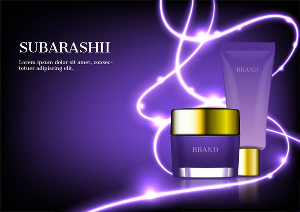 Cosmetic ad, container cream and sparkling line on dark background - Vector, Image