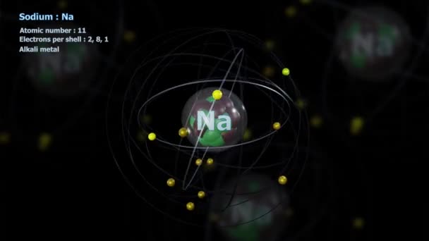 Atom sodu z 11 elektronami w nieskończonej rotacji orbitalnej z innymi atomami w tle - Materiał filmowy, wideo
