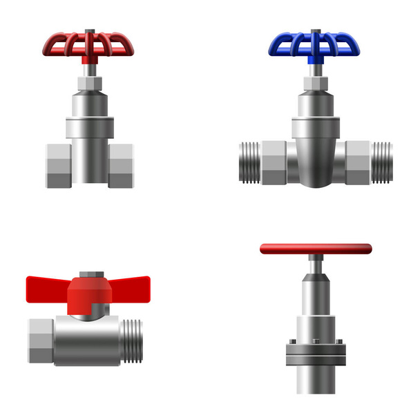 Set valves ball, fittings, pipes of metal piping system. Different types valves water, oil, gas pipeline, pipes sewage. Construction and industrial pressure technology plumbing. Vector illustration - Vector, Image