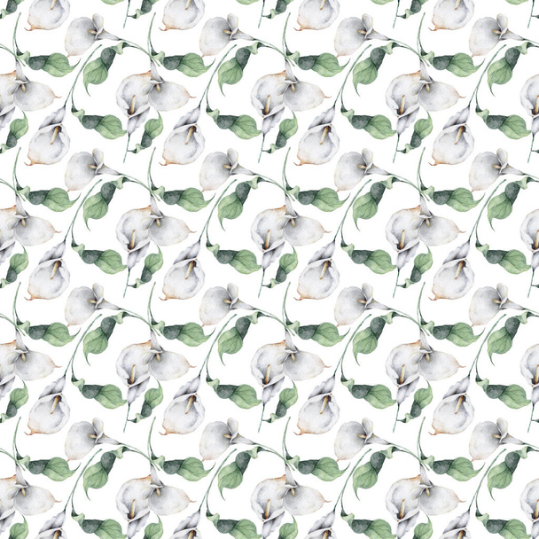 Seamless pattern with white calla lily flowers and green leaves. - Zdjęcie, obraz
