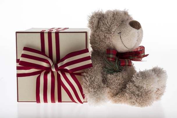 xmas teddy beer met kerst decoratie op witte achtergrond - Foto, afbeelding
