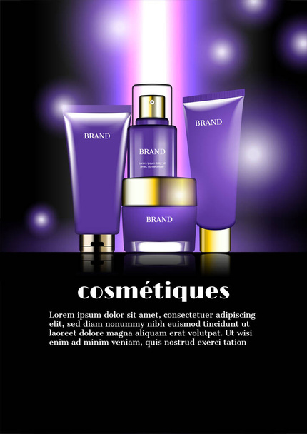 Kozmetikai készlet lila és sötét háttér - Vektor, kép