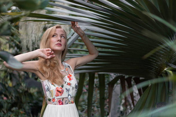 Blond european young woman between green palms in tropical garden in white dress and long hair, - Φωτογραφία, εικόνα