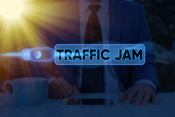 Text sign showing Traffic Jam. Conceptual photo a large number of vehicles close together and unable to move. - Photo, Image